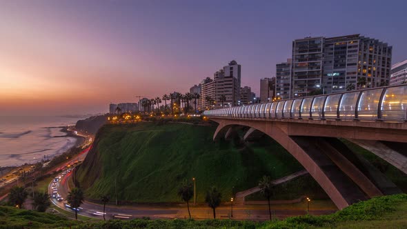 Villena Bridge with Traffic and Partial City View in the Background Day to Night Timelapse Lima Peru