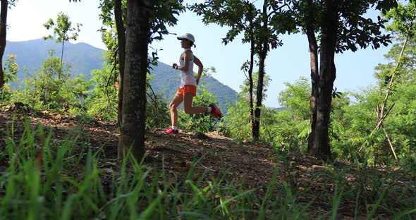 Woman trail runner running in tropical forest mountain