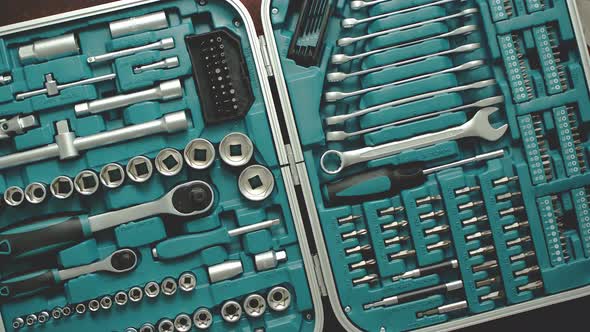 Professional Tools Set Packed in the Hard Case. Wrenches, Screwdriver Bits, Drive Sockets