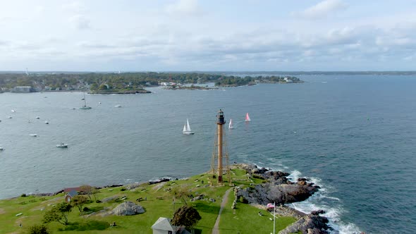 Lighthouse in Marblehead Neck in the Town of Marblehead, Massachusetts, USA - aerial drone shot