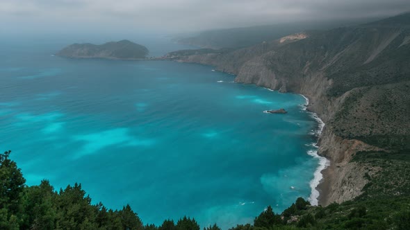 Timelapse Stormy Clouds Moving Over the Sea on the Shore of Kefalonia Island. Waves Coming Up on