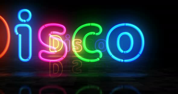 Disco neon symbol 3d flight between