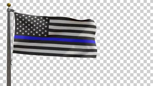 American Blue Line Police Flag (United States) on Flagpole with Alpha Channel - 4K