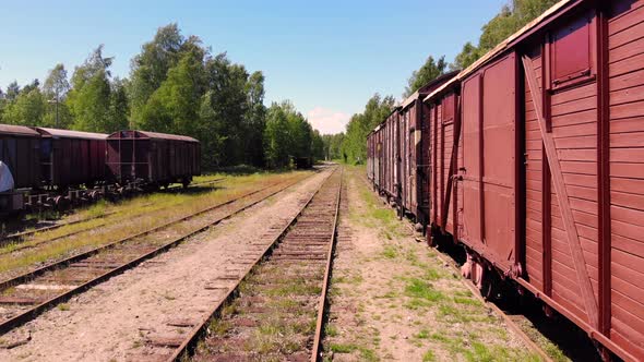 Drone shot of old abandoned train cars