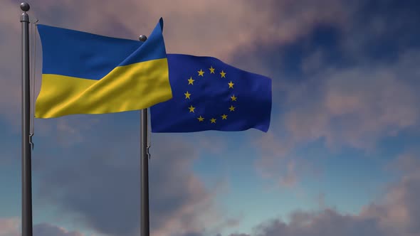Eu Flag Waving Along With The National Flag Of The Ukraine - 4K