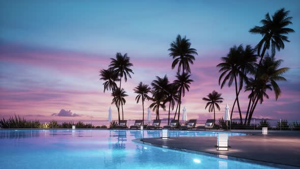 Lounge Deck Chair Around Swimming Pool At Sunset