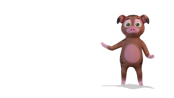 Brown Pig Comes Out From The Right Side Of The Screen And Greeting on White Background