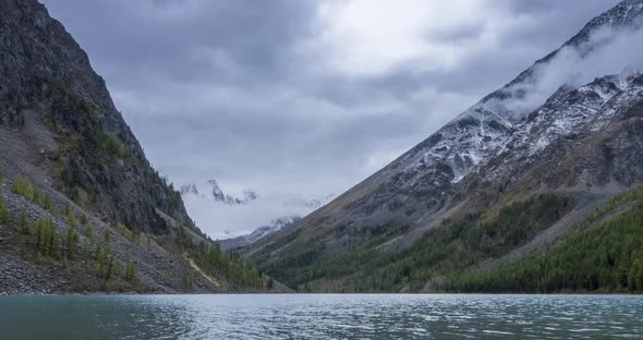 Mountain Lake Timelapse at the Summer or Autumn Time. Wild Nature and Rural Mount Valley. Green