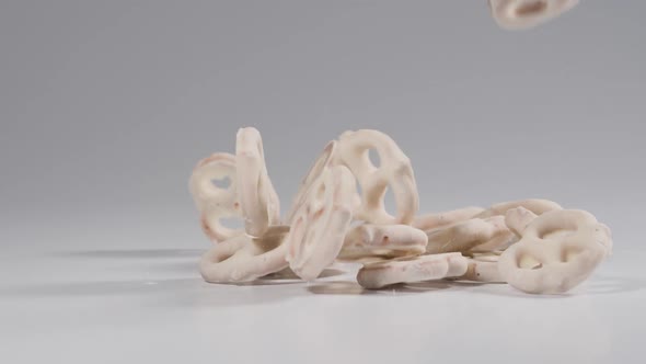 Yogurt Covered Pretzels fall in slow motion