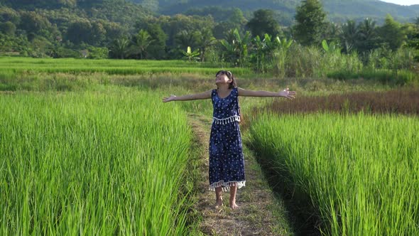 Cute Little Girl Cheering With Arms Outstretched In Rice Field