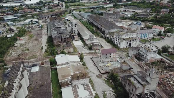 Aerial view of an abandoned industrial plant. Factory ruins.