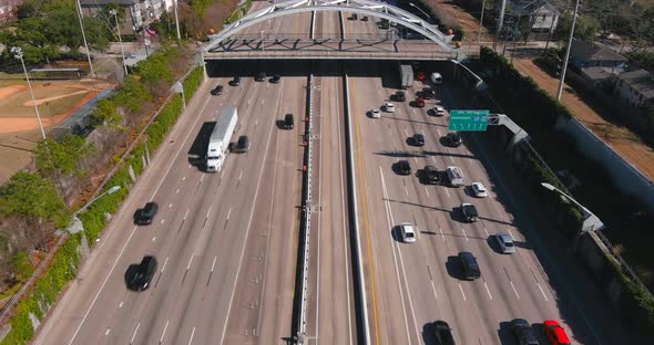 Aerial of cars on 59 South freeway in Houston, Texas on a bright sunny day