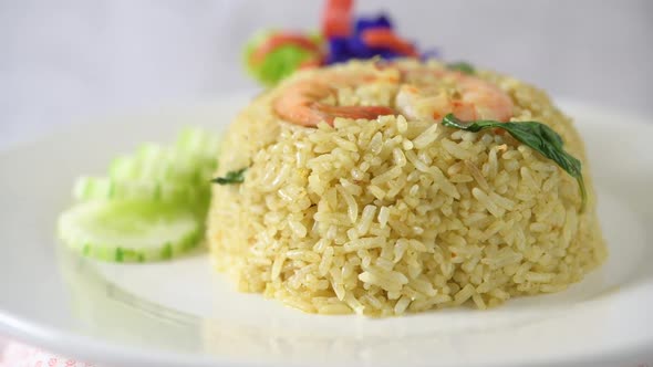 Shrimp fried rice on a white plate