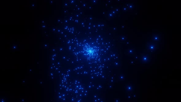 Emergence and spread of blue particles from center. Explosion of elementary