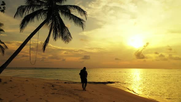 Single female suntans on perfect tourist beach trip by transparent sea and white sand background of 