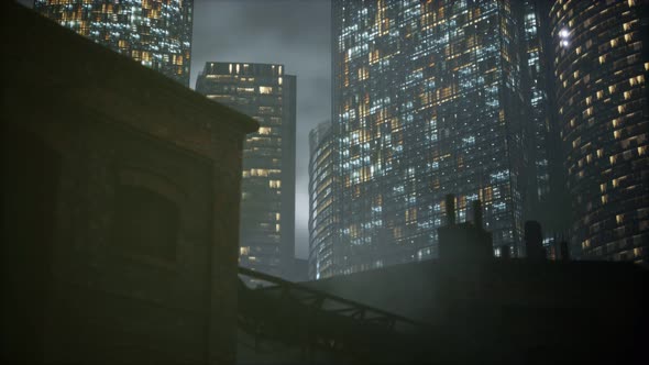 Skyscrapers of Business Center and Pipes of Factory Polluting Air alt