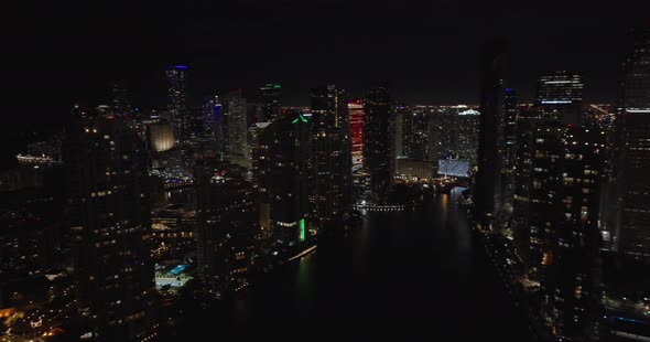 5k Aerial Panorama Miami River At Night Brickell City Lights
