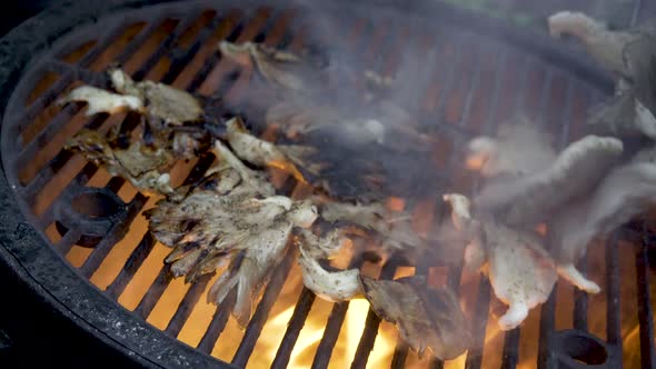 With fresh oyster mushrooms grilling over the yellow fire, chef puts a pile of more fresh mushrooms