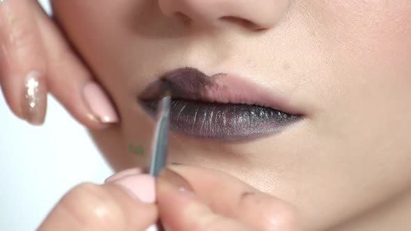 Brush Applying Dark Lipstick.