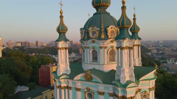 Drone is Circling Around a Beautiful Church with Colorful Domes in Kyiv Ukraine