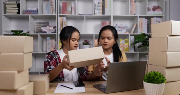 Twin girls selling online and checking order