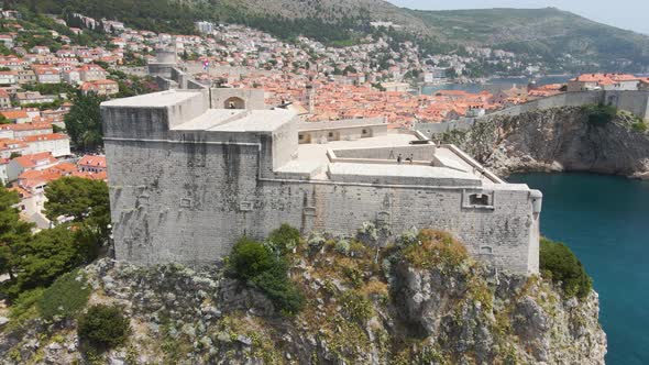 Fort Lovrijenac and Fort Bokar from Dubrovnik walls of Croatia. Fort Lovrijenac fortress in West Har