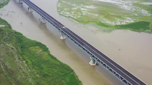 Aerial view of Padma bridge, over the Padma river by day, Dhaka, Bangladesh.