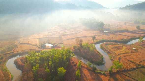 Aerial view of farmers farmland in dry season. beautiful scenery in the morning