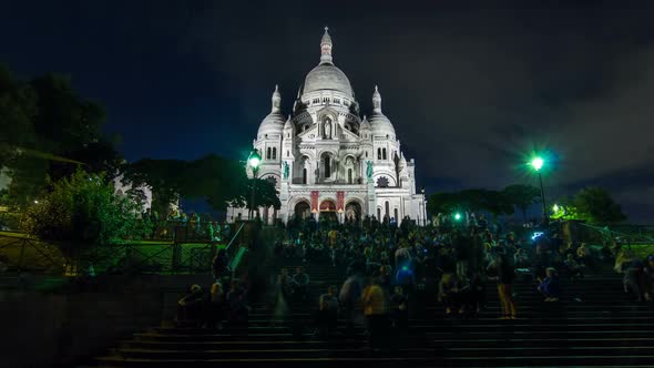 Frontal View of Sacre Coeur Sacred Heart Cathedral at Dusk Timelapse Hyperlapse