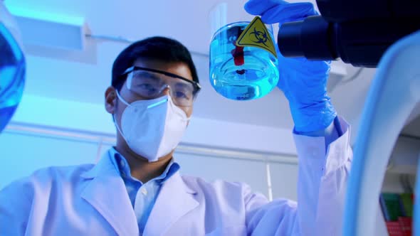 Asian scientist doing some research checking a liquid in a test flask at laboratory.