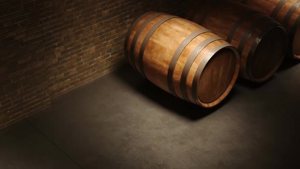 Wine, whiskey or brandy wooden barrels roll through dark cellar. Seamless loop