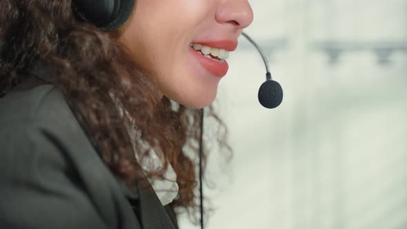 Latino beautiful business woman call center smile while work in office, talk to support customer.