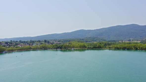 Birdseye view over the scenic Lake Banyoles a popular Catalonia resort destination in Spain