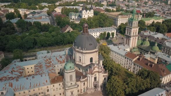 Aerial Drone Video of City Lviv, Ukraine. Ancient Ukraine Dominican Church. Panorama of Old Town