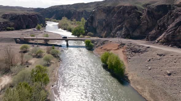 Drone Shot of River Charyn Canyon Desert Mountains in Kazakhstan