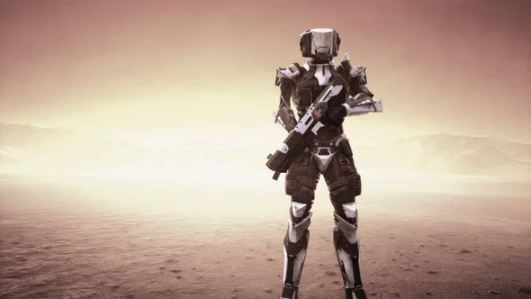 Futuristic Soldier in Desert at Sandstorm