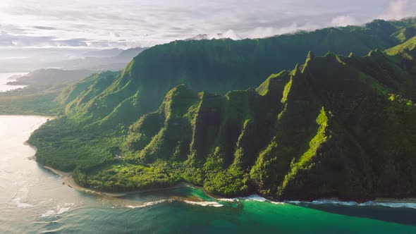 Aerial Pure Nature Environment of Tropical Island Kauai Hawaii Cinematic Nature