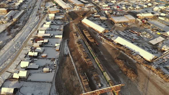 A Logging Train at Sawmill with Stacked Wooden Logs and Tree Trunks. Train at the Territory of the