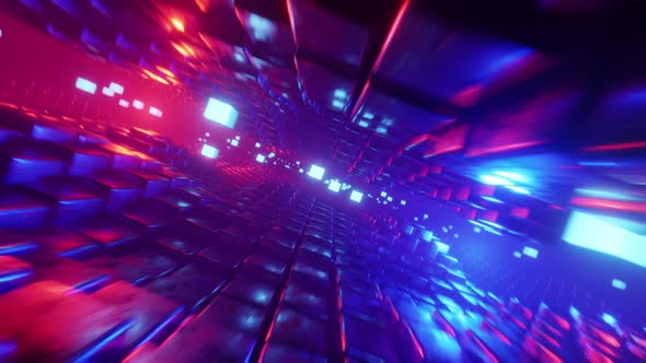 Flying through a futuristic tunnel with neon lights 002