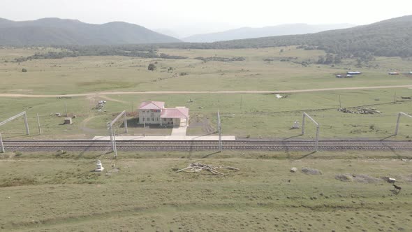 Samtskhe-Javakheti, Georgia - August 23 2021: Aerial view of Bedeni railway station