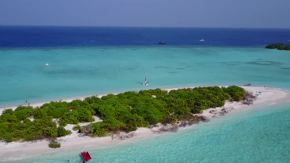 Aerial drone tourism of resort beach by blue ocean with sand background