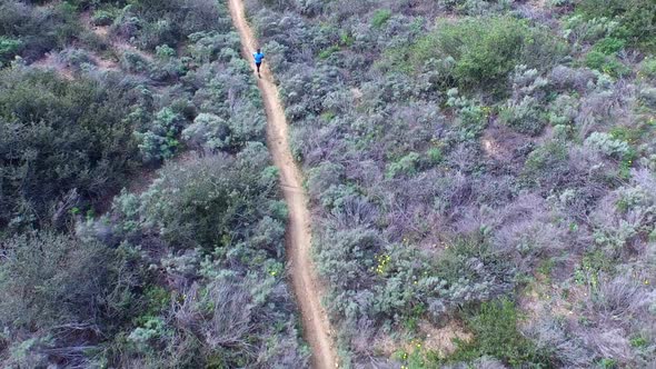 Aerial shot of a young man trail running on a scenic hiking trail.