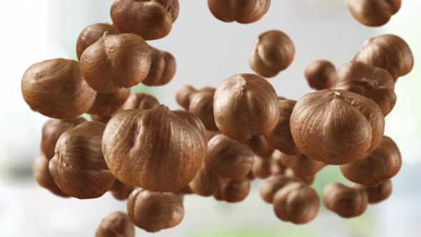 Flying of Hazelnuts in Kitchen Background