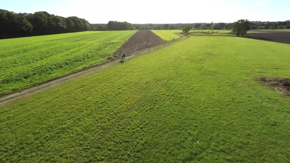 Aerial footage of couple walking between green fields.