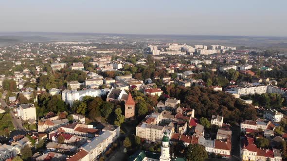 Aerial drone view of Drohobych town landscape. Downtown and town hall at main plan. Zoom out