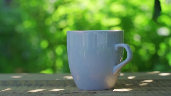 Hot Drink in a Cup Against the Background of a Summer Garden in the Morning