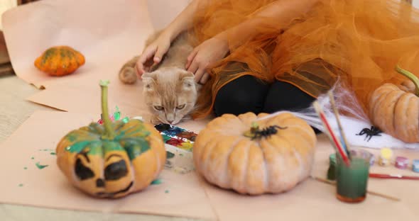 Happy child decorating a pumpkin at home with cat