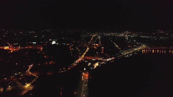 Aerial Drone Footage of Night Kyiv. Embankment at Night