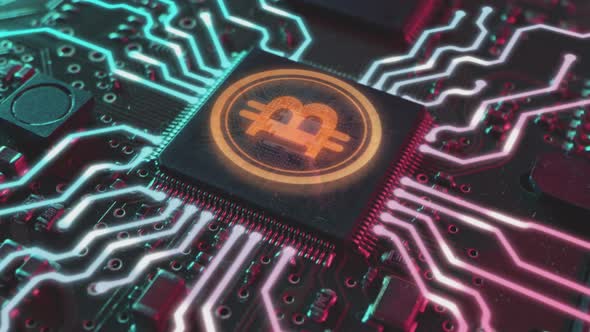 Futuristic Animation of Holographic Bitcoin Symbol Emerging From Microprocessor on Electronic