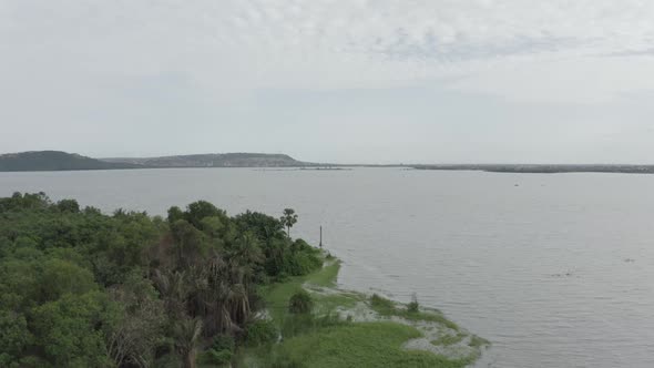 Aerial view of river bank with vegetation